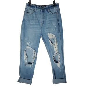 Hollister Ultra High Rise Mom Jean 26W 27L Smiley Face Distressed Straight 3R